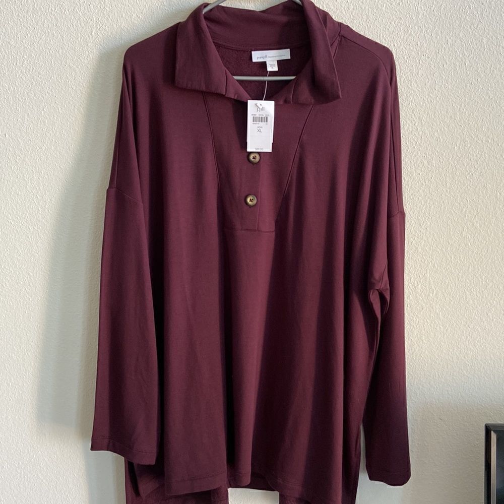 Pure Jill Tranquility Fleece Buttoned-Collar Top XL NWT Burgundy